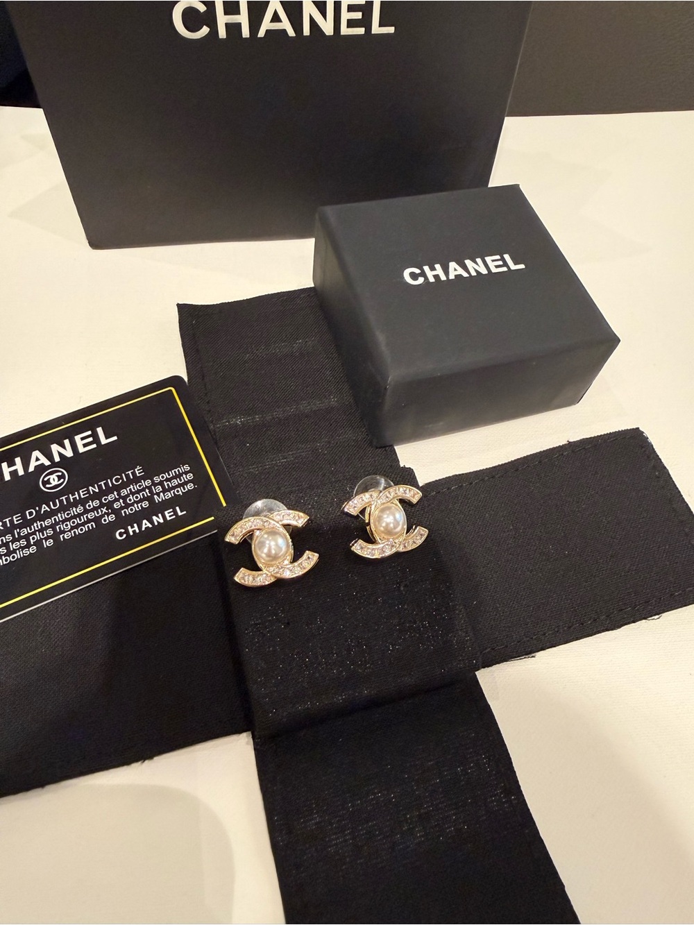 CHANEL Gold and Pearl CC Crystal Stud Earrings